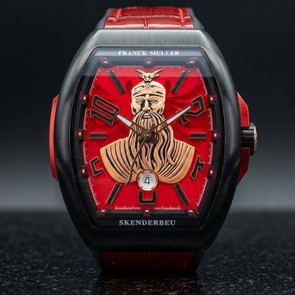 Black curved tonneau watch with a red dial and a raised gold-tone warrior bust, upright on polished black granite