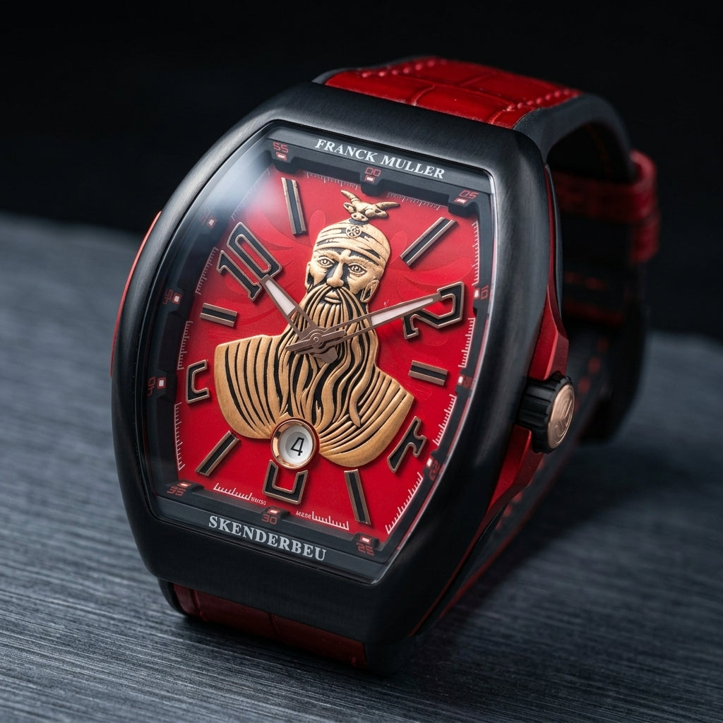 Black curved tonneau watch at a three-quarter angle on dark slate, its red flank panel and rose-gold crown end in view