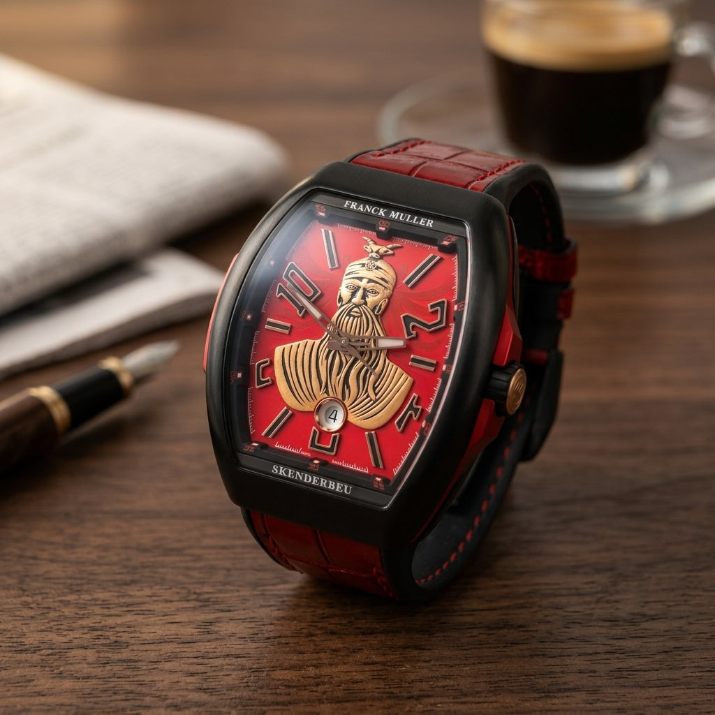 Black curved tonneau watch with a red dial and a gold-tone warrior bust on a dark walnut desk beside a fountain pen