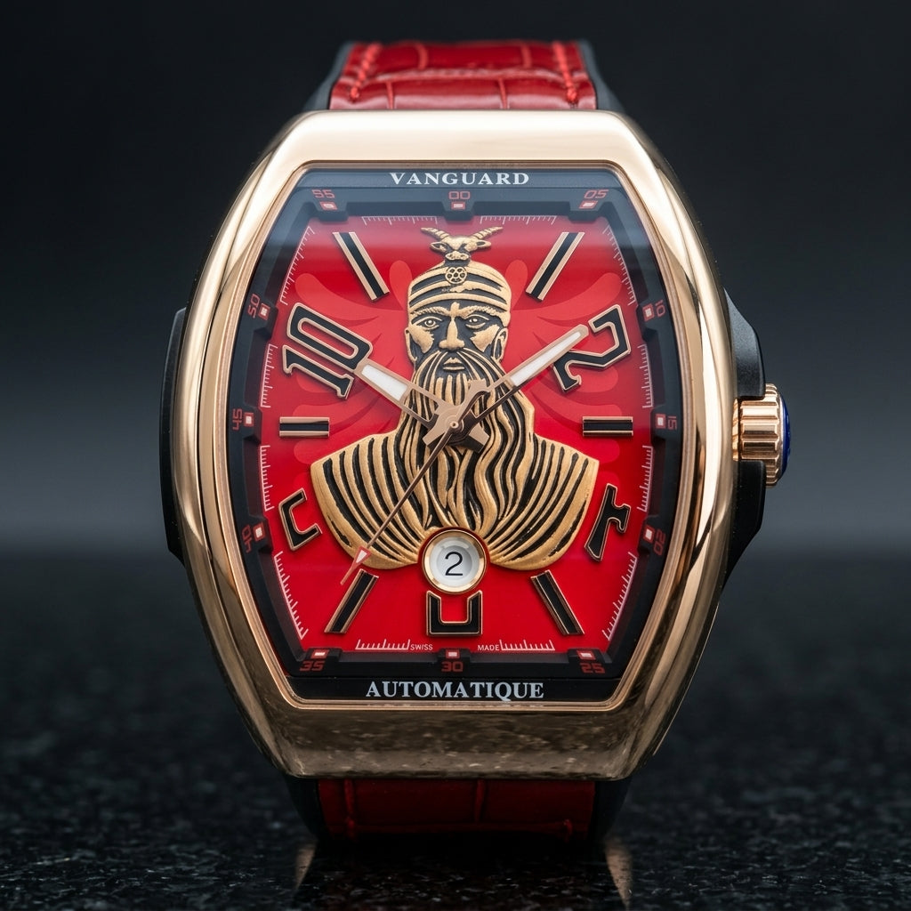 Rose gold curved tonneau watch with a red dial and a raised gold-tone warrior portrait, upright on polished black granite