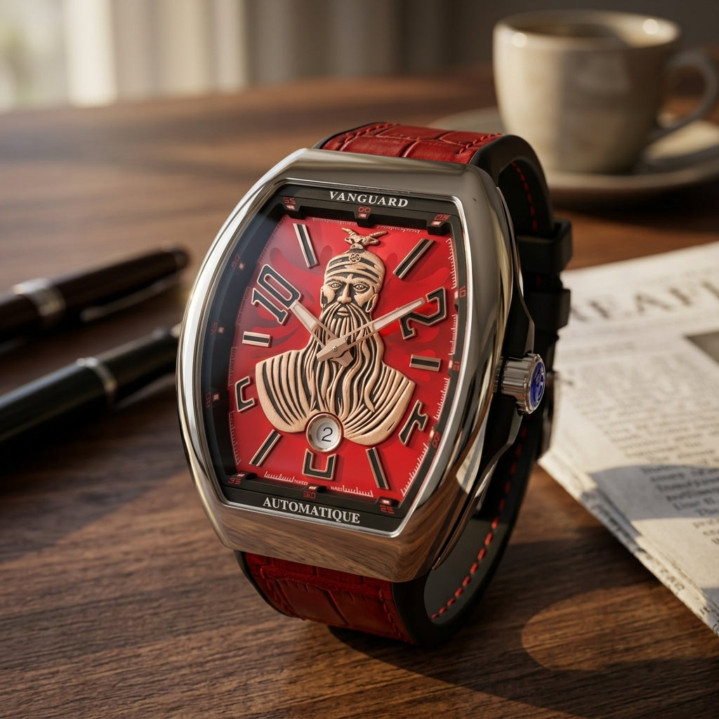 Steel curved tonneau watch with a red dial and a rose-gold-tone warrior bust on a dark walnut desk beside a fountain pen