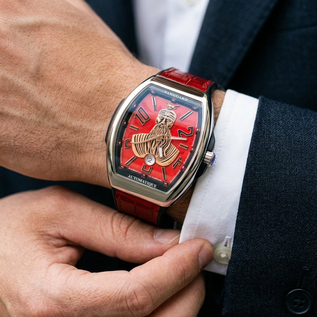 Steel curved tonneau watch with a red dial on the wrist as a shirt cuff is fastened