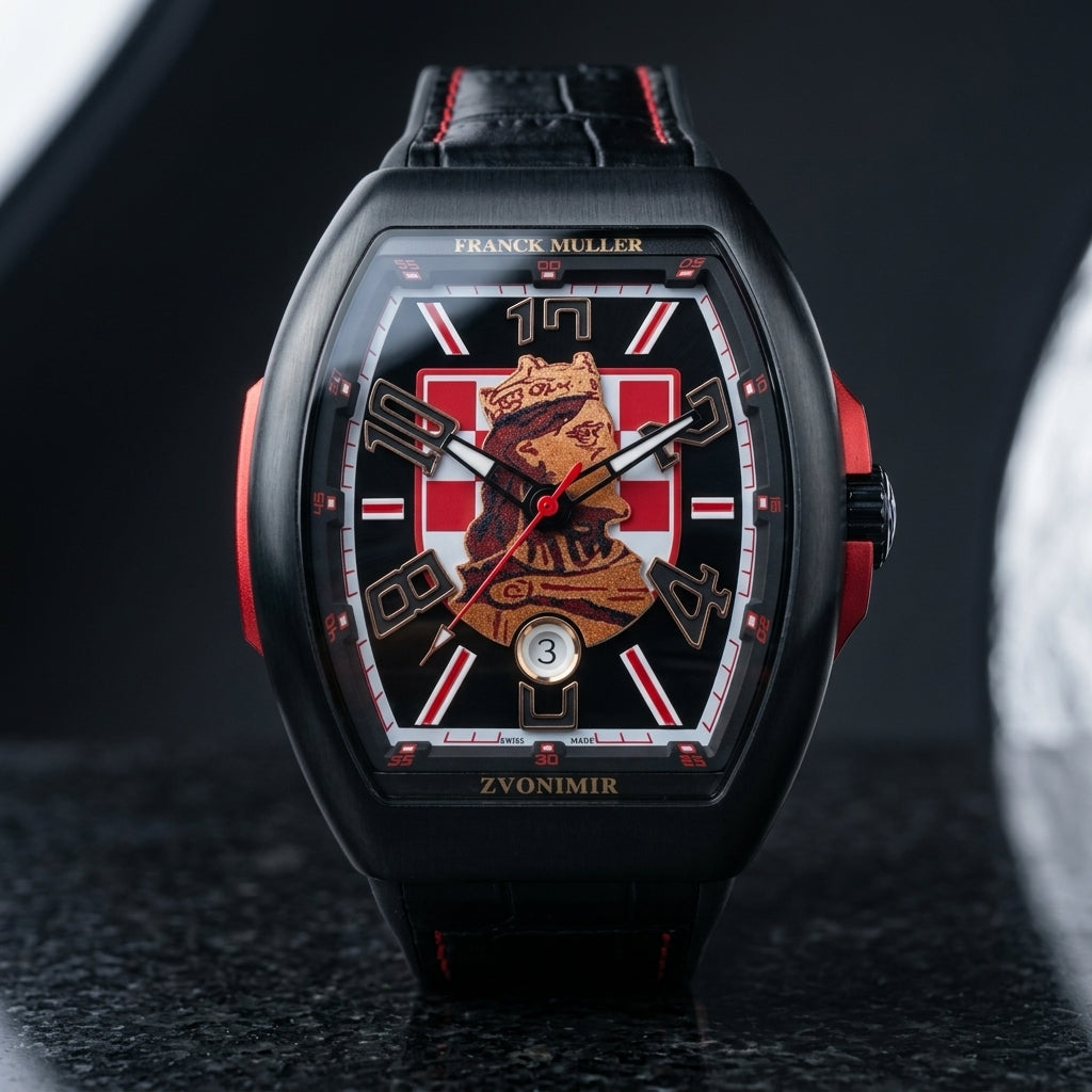 Black curved tonneau watch with a red-and-white checkerboard dial and a copper-gold king's portrait, upright on polished black granite