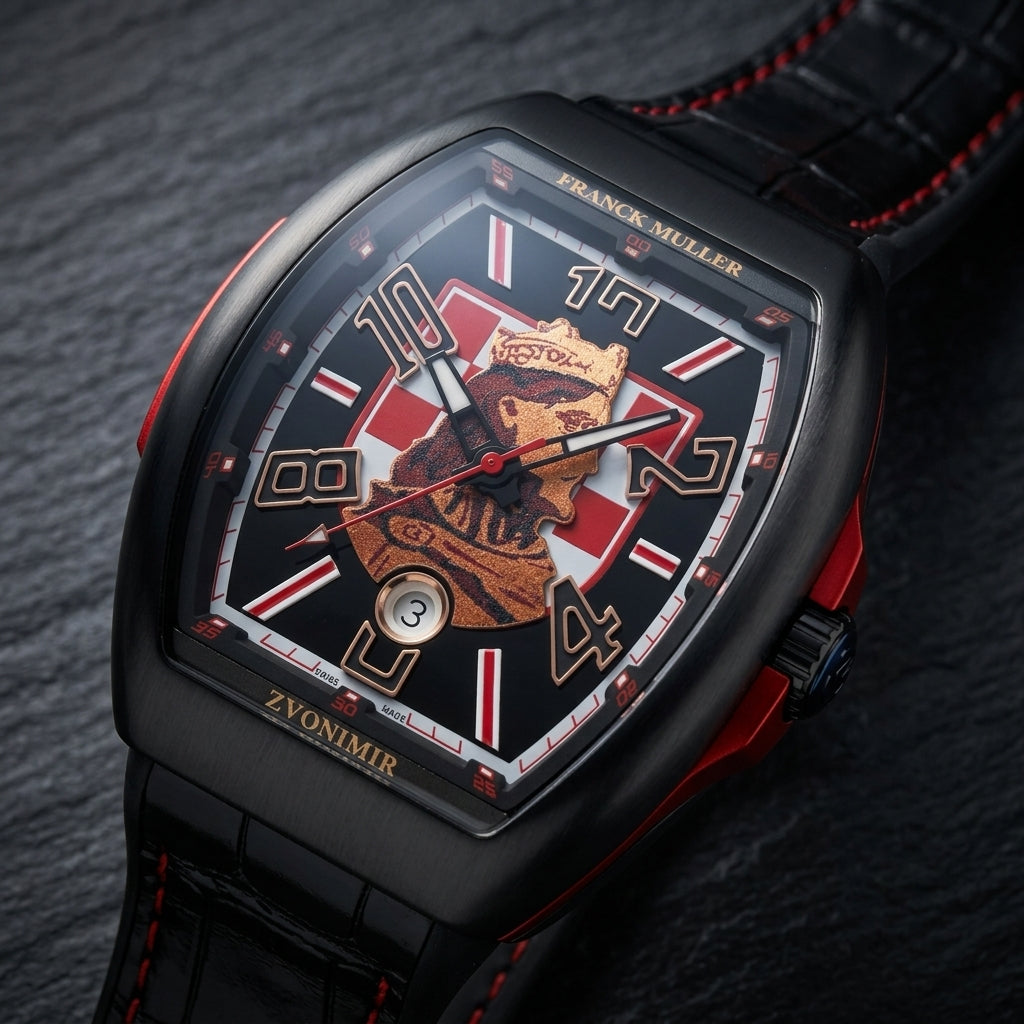 Black curved tonneau watch at a three-quarter angle on dark slate, the matte red insert in its side round the black crown