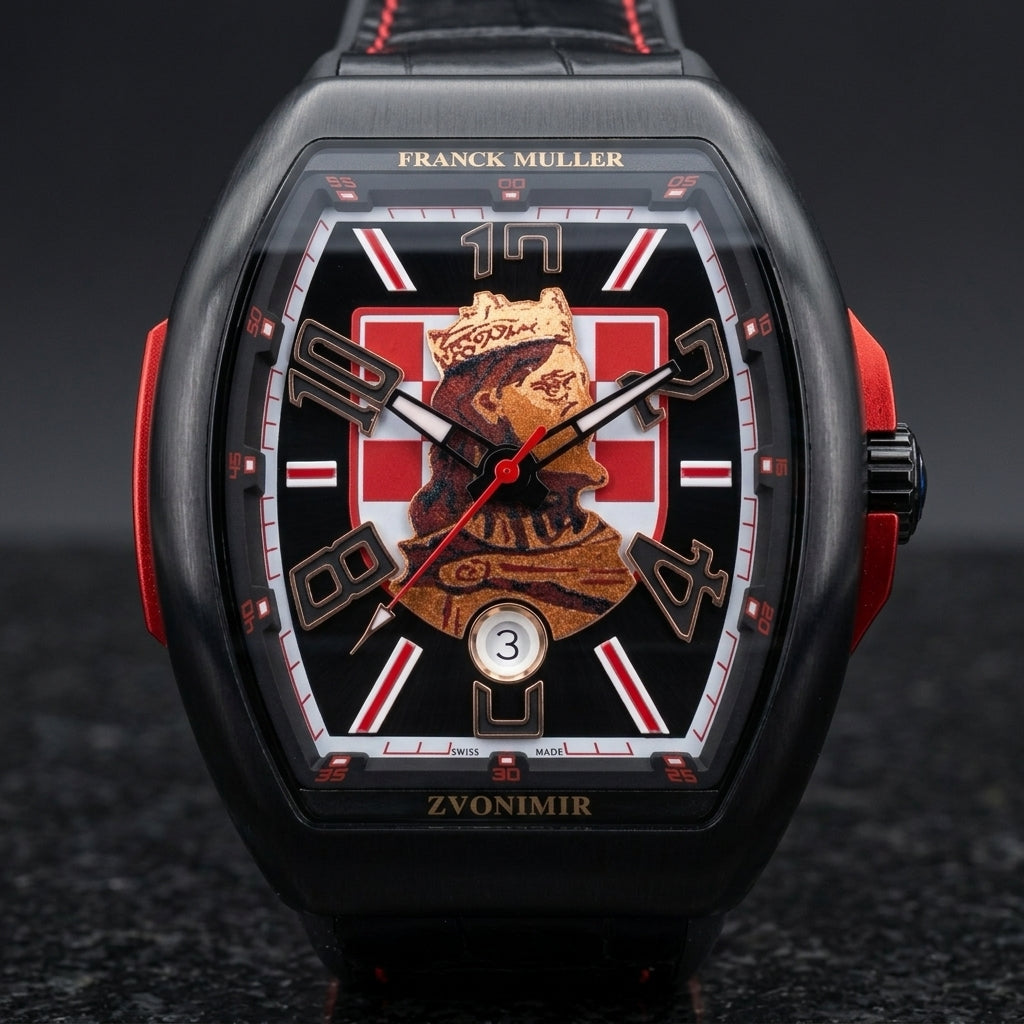 Black curved tonneau watch on its black crocodile-pattern strap with red stitching, worn on the wrist below a dark suit cuff