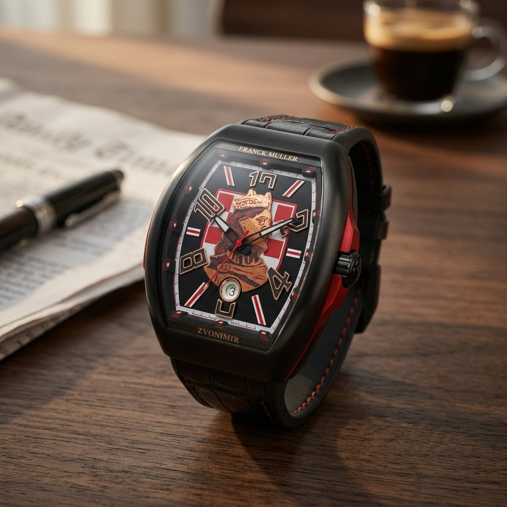 Black curved tonneau watch with a checkerboard dial and a king's portrait on a dark walnut desk beside a fountain pen