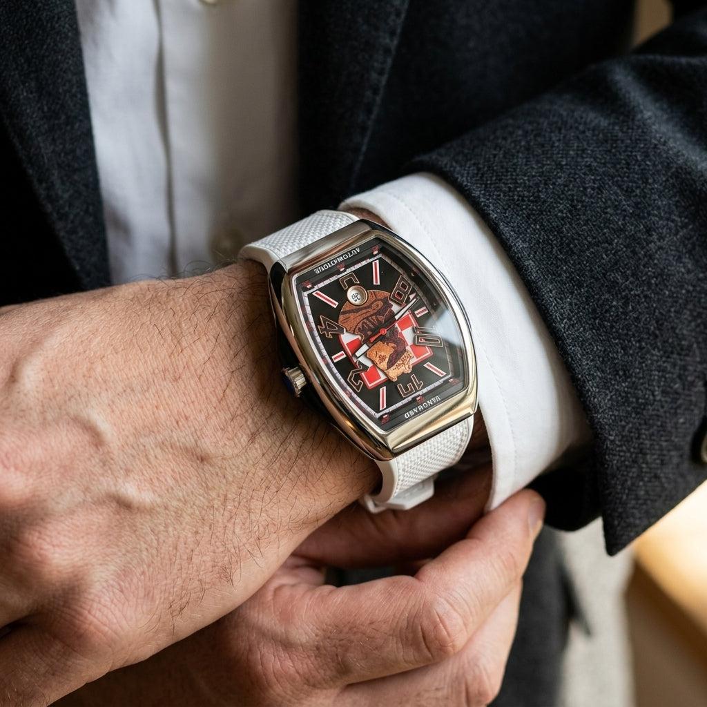 Steel curved tonneau watch with a black dial and red-and-white markers on the wrist as a shirt cuff is fastened