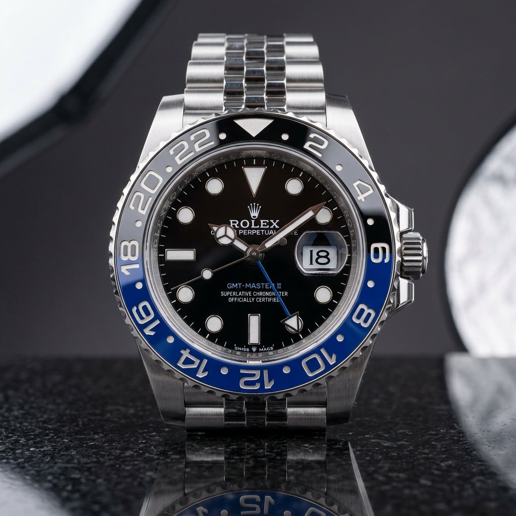 Studio photograph of the GMT Automatic on black granite