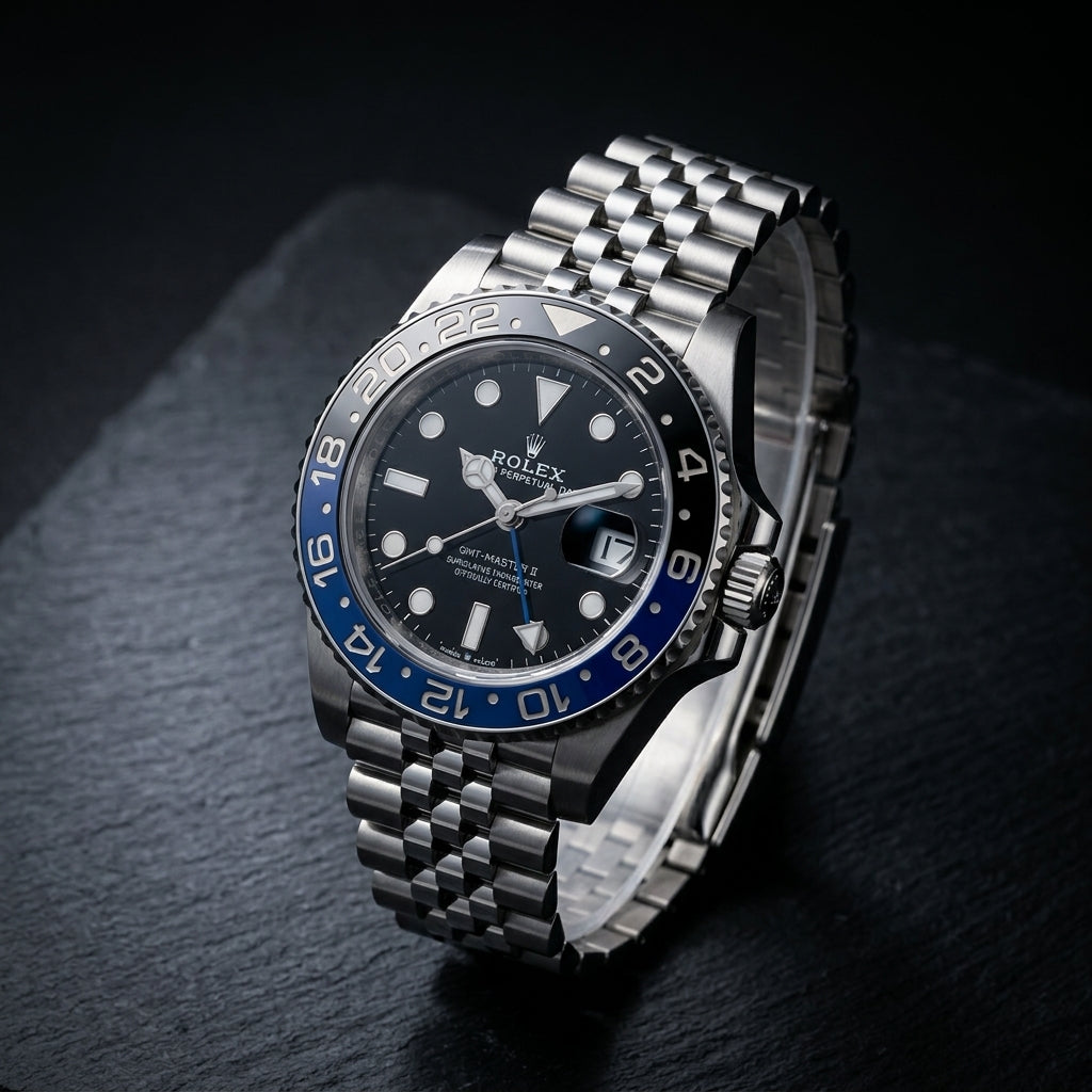 Three-quarter view showing the case profile and bracelet of the GMT Automatic