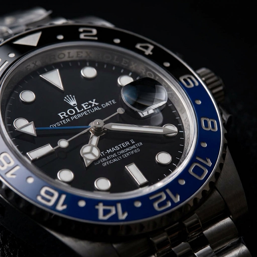 Close macro of the dial and bezel detail on the GMT Automatic