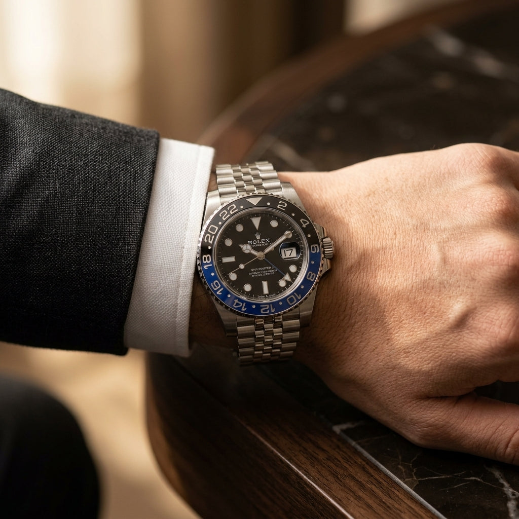 The GMT Automatic worn on the wrist beneath a tailored shirt cuff