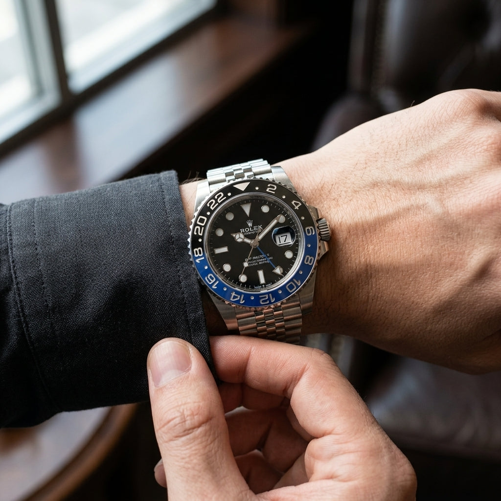 GMT Automatic Watch — Blue & Black Ceramic Bezel, 904L Steel — editorial photograph