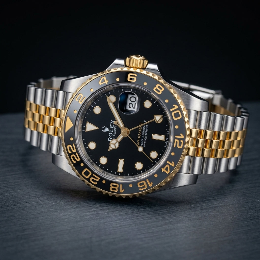 Two-tone GMT at a three-quarter angle on dark slate