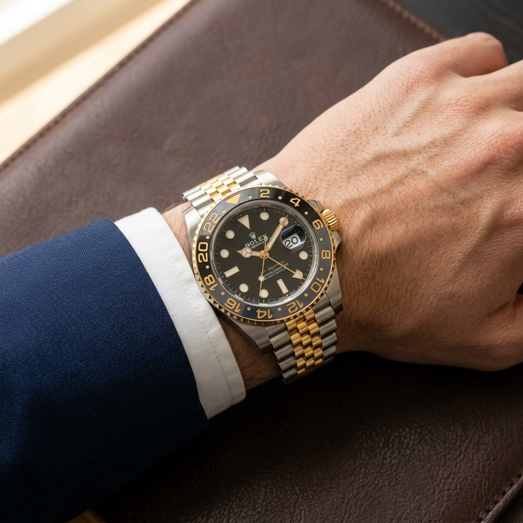 Two-tone GMT worn under a navy suit cuff