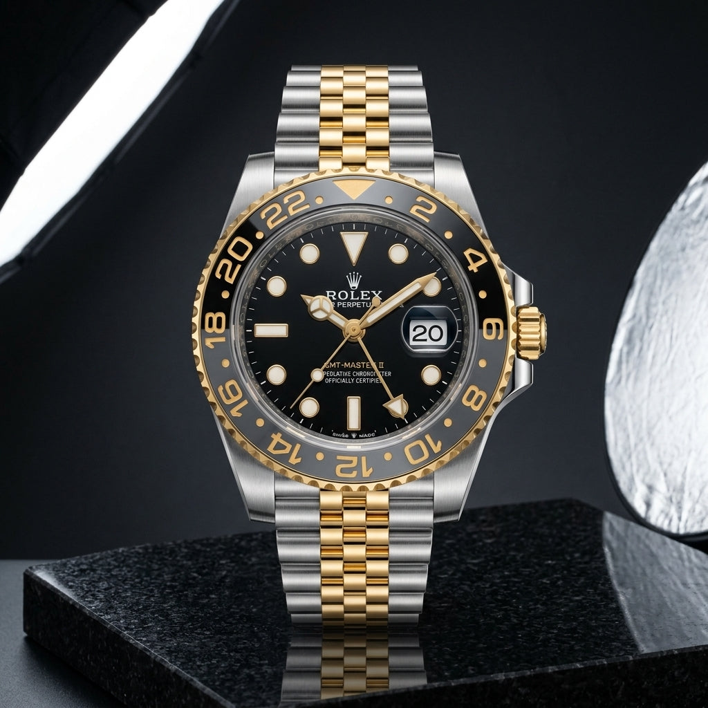 Two-tone GMT worn under a navy suit cuff