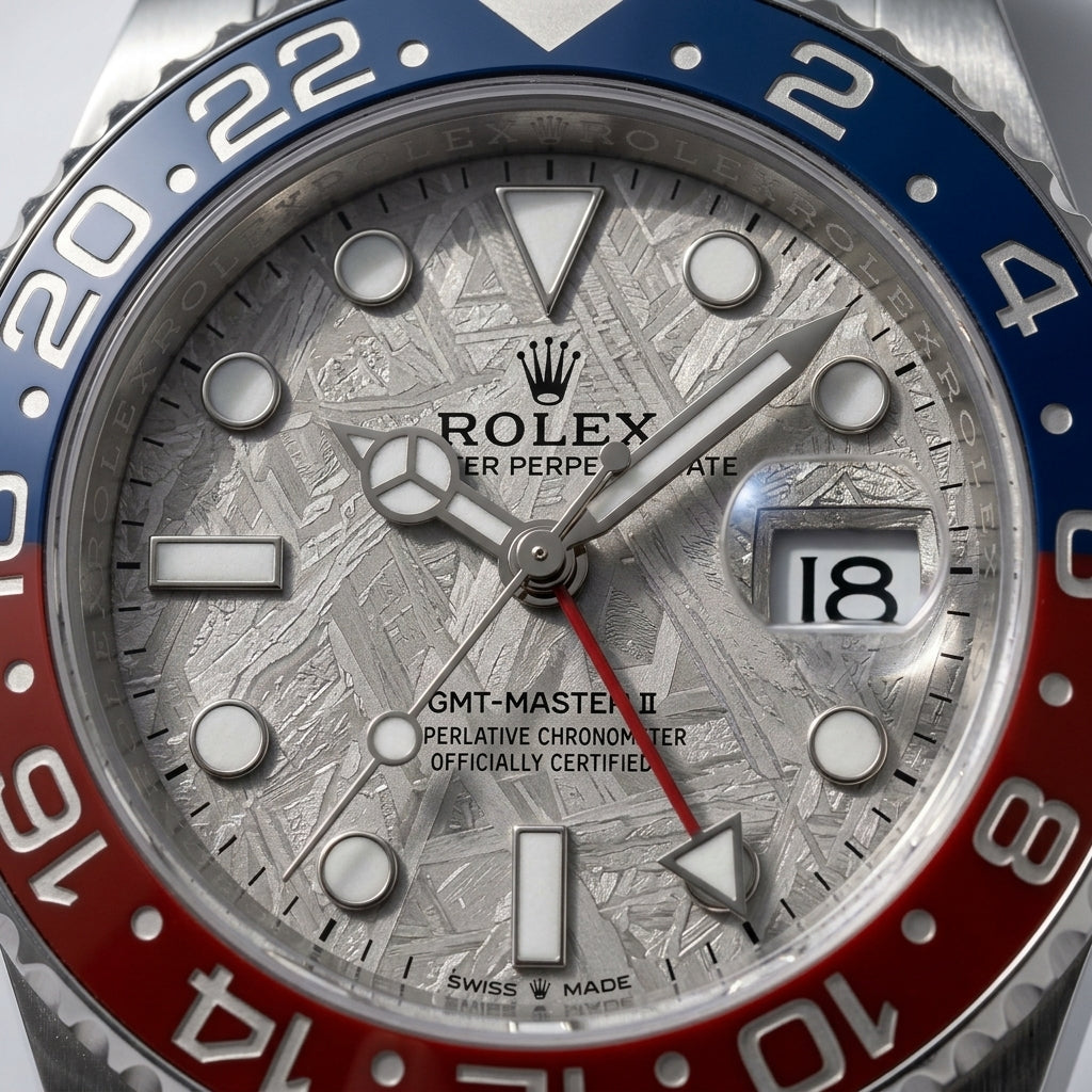 Macro of the meteorite dial pattern and blue and red bezel