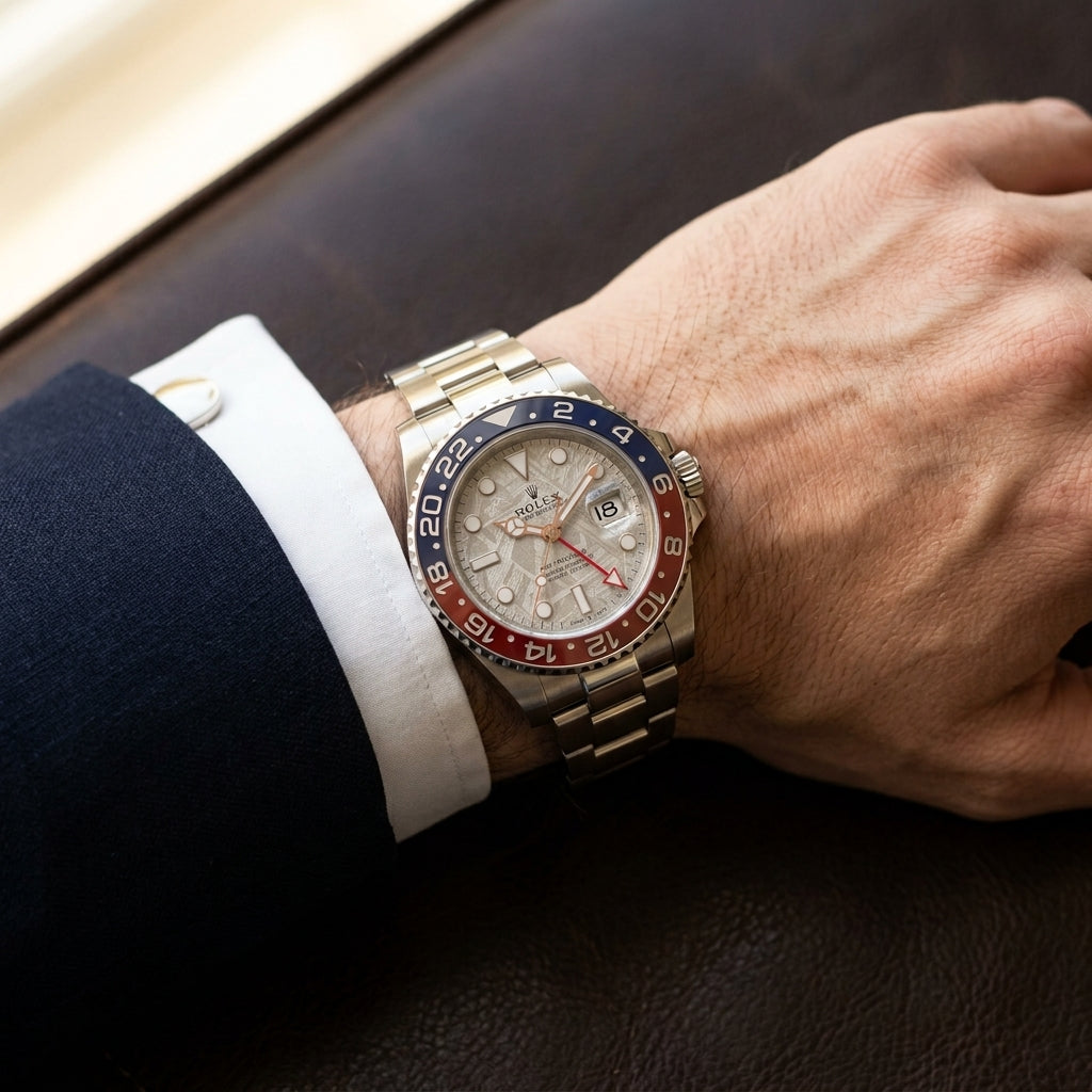 Meteorite dial GMT worn under a navy suit cuff