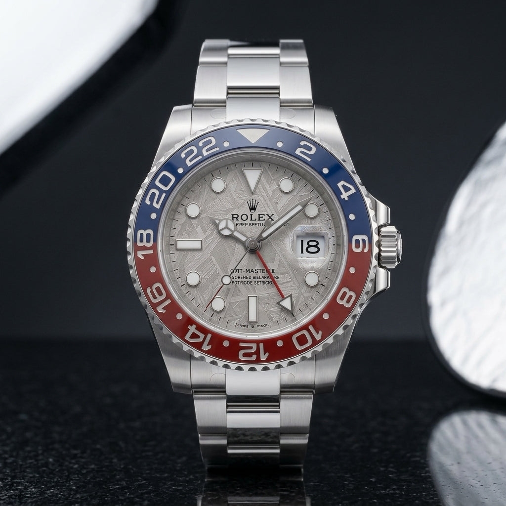 Meteorite dial GMT worn under a navy suit cuff