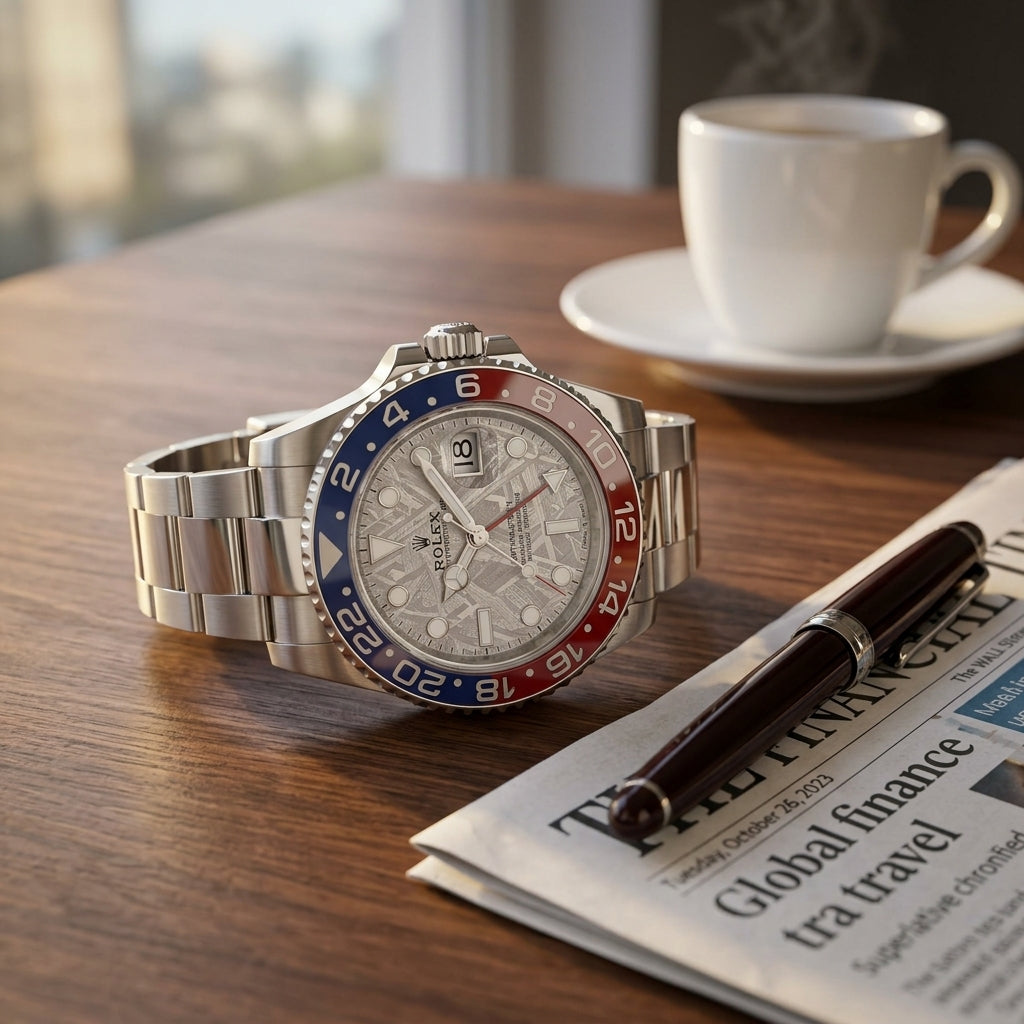 Meteorite dial GMT watch in white metal on a dark walnut desk beside a fountain pen