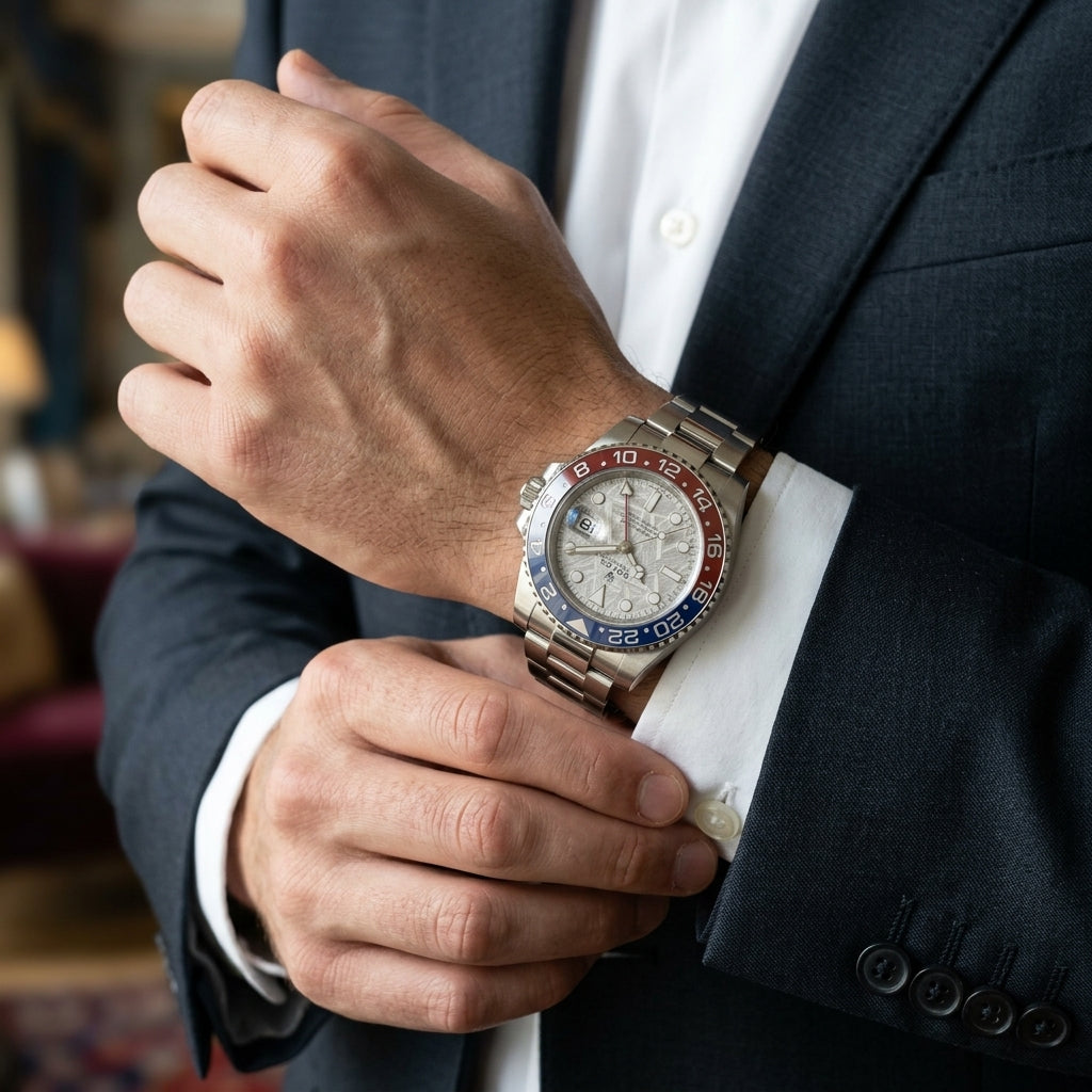 Meteorite dial GMT watch in white metal on the wrist as a shirt cuff is fastened