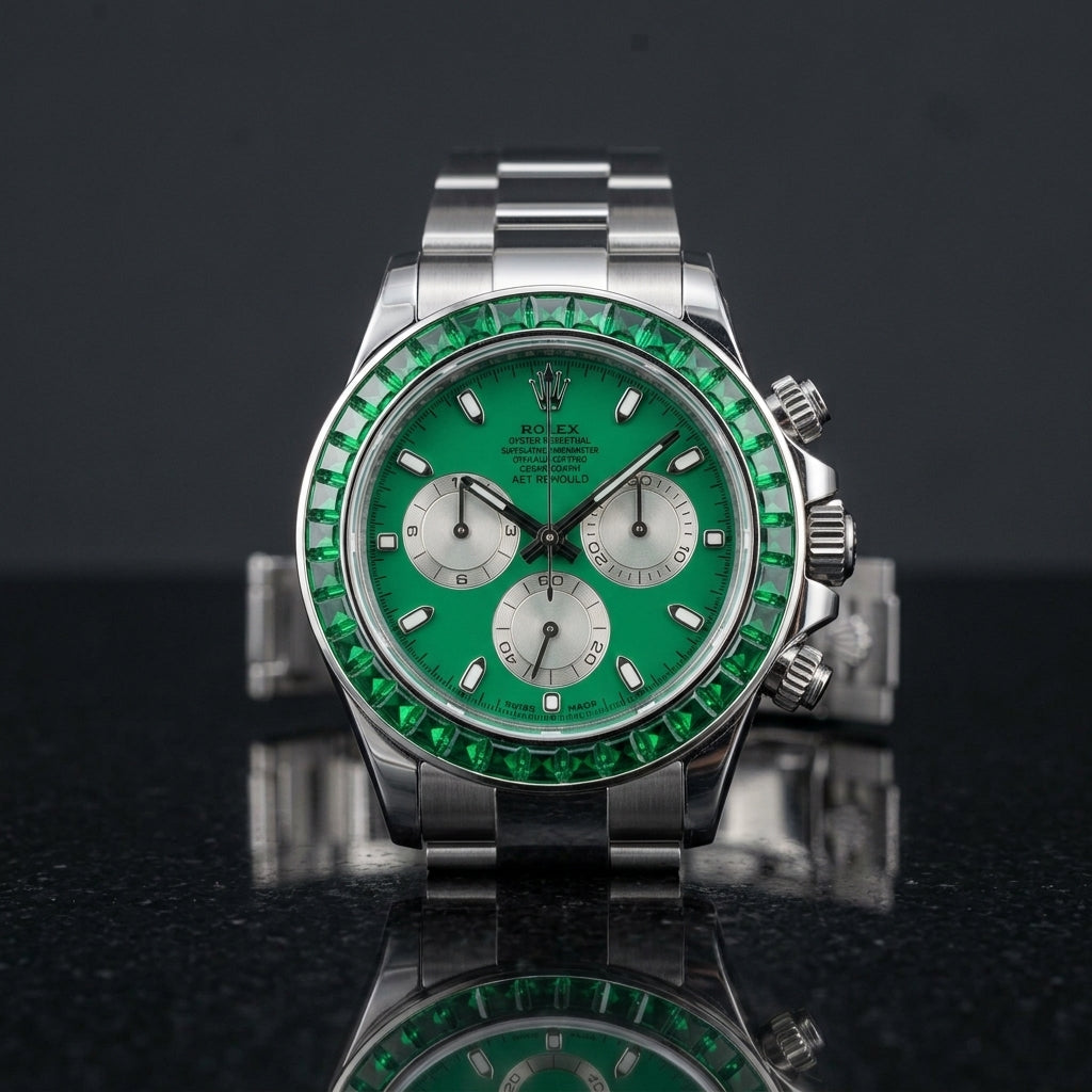Steel chronograph with emerald green dial and green stone bezel on black granite