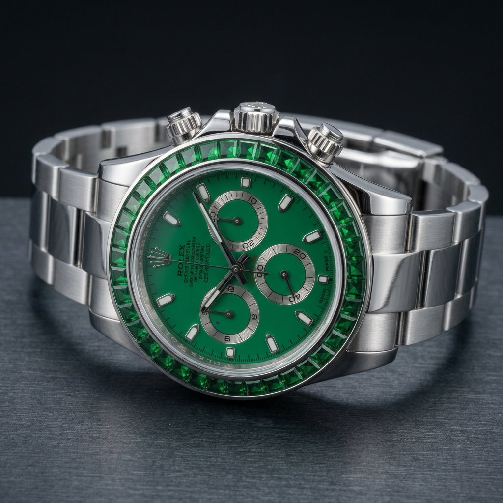Green dial steel chronograph at a three-quarter angle on dark slate