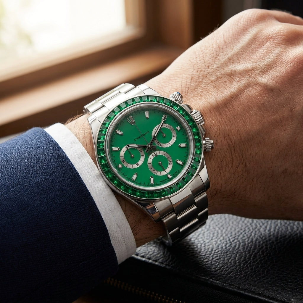 Green dial steel chronograph worn under a navy suit cuff