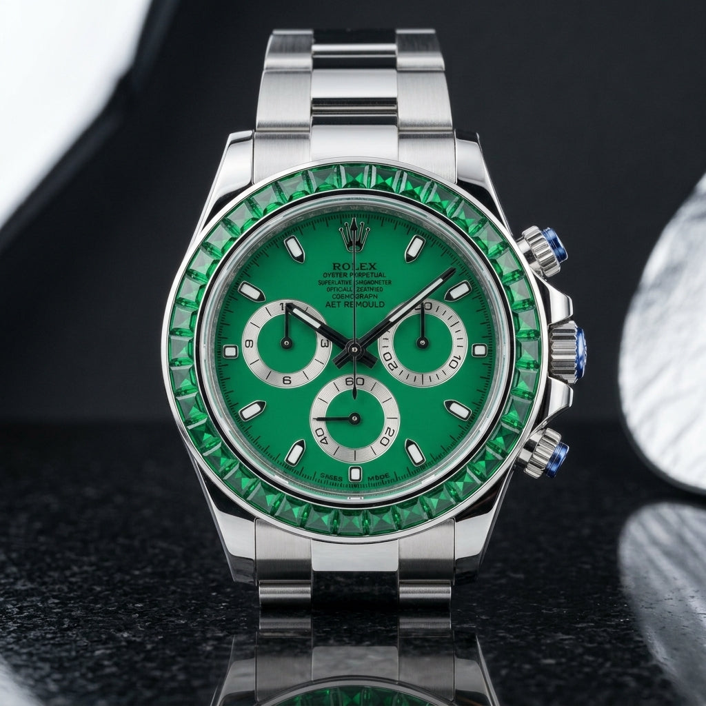 Green dial steel chronograph worn under a navy suit cuff