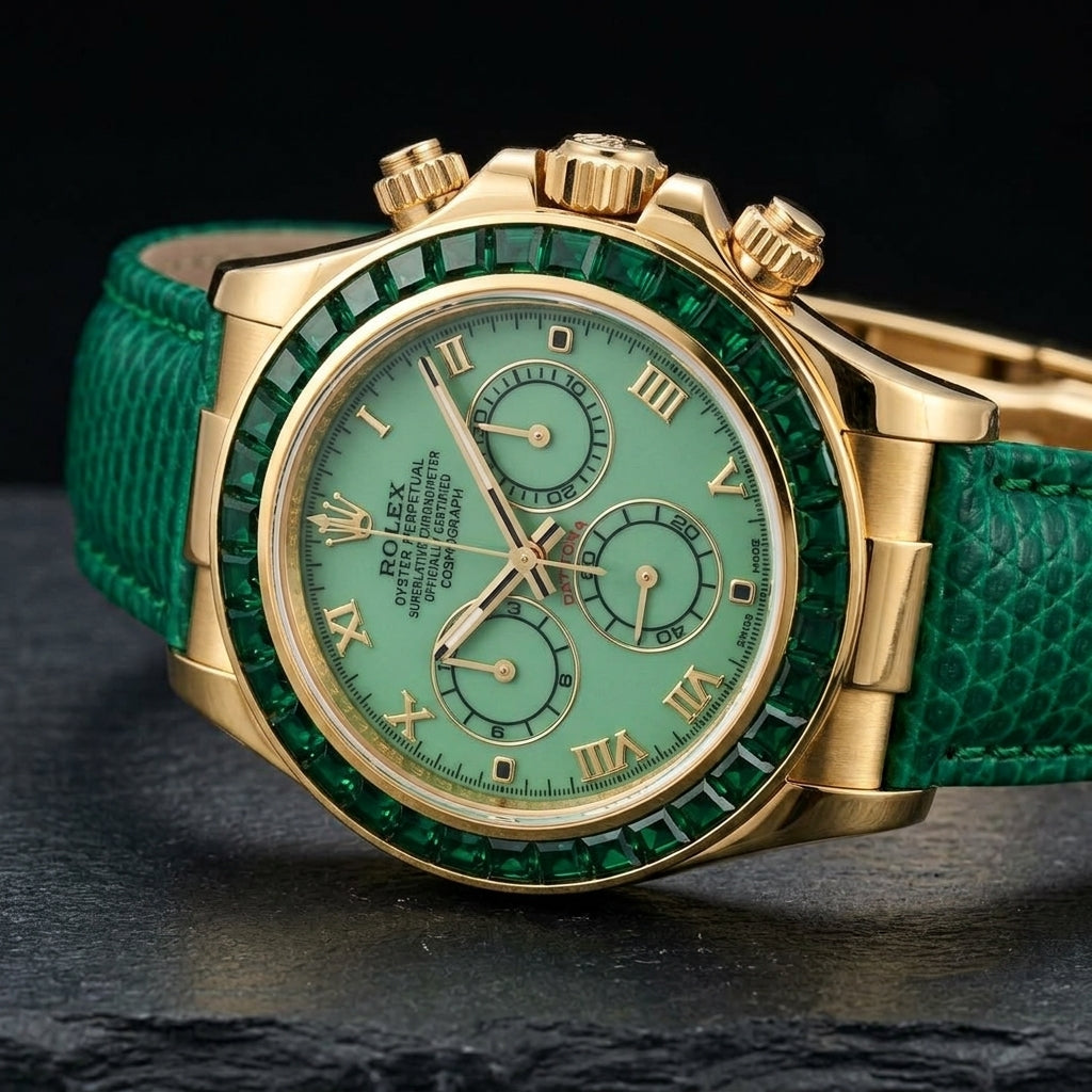 Gold-tone chronograph with a green stone bezel at a three-quarter angle on dark slate, its green lizard-grain strap curving away