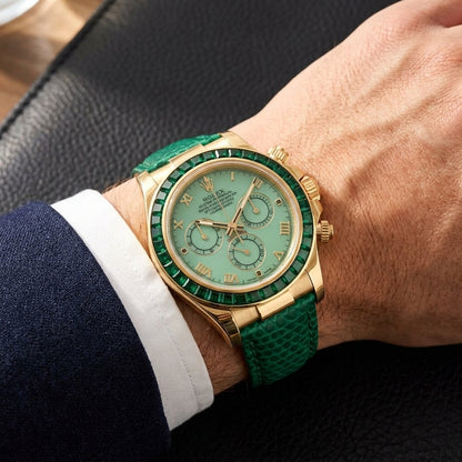 Gold-tone chronograph with a pale green dial and a green stone bezel on a green lizard-grain strap, worn on the wrist below a navy suit cuff