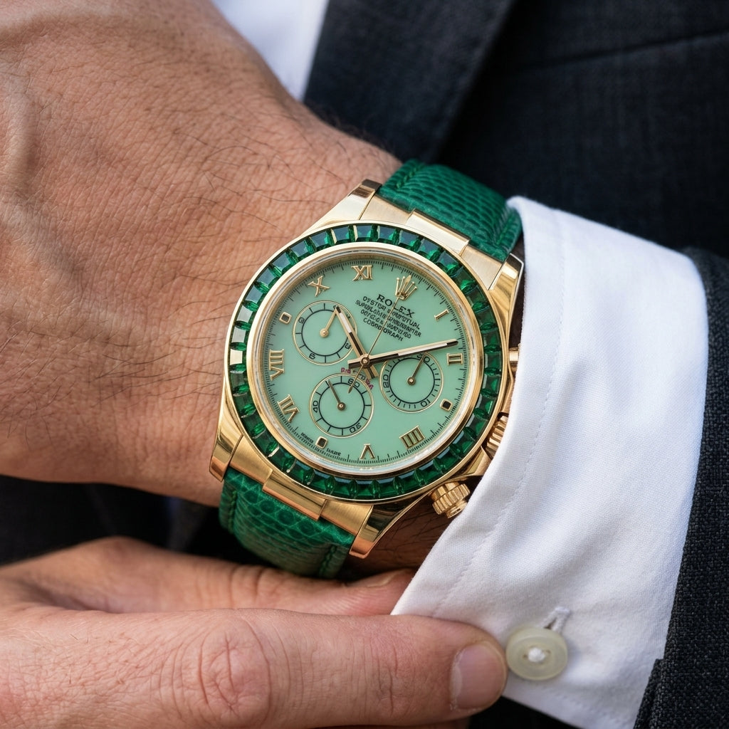 Gold-tone chronograph with a pale green dial and a green stone bezel on the wrist as a shirt cuff is fastened