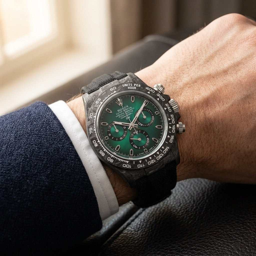 Forged-carbon chronograph on a black woven strap, worn under a cuff