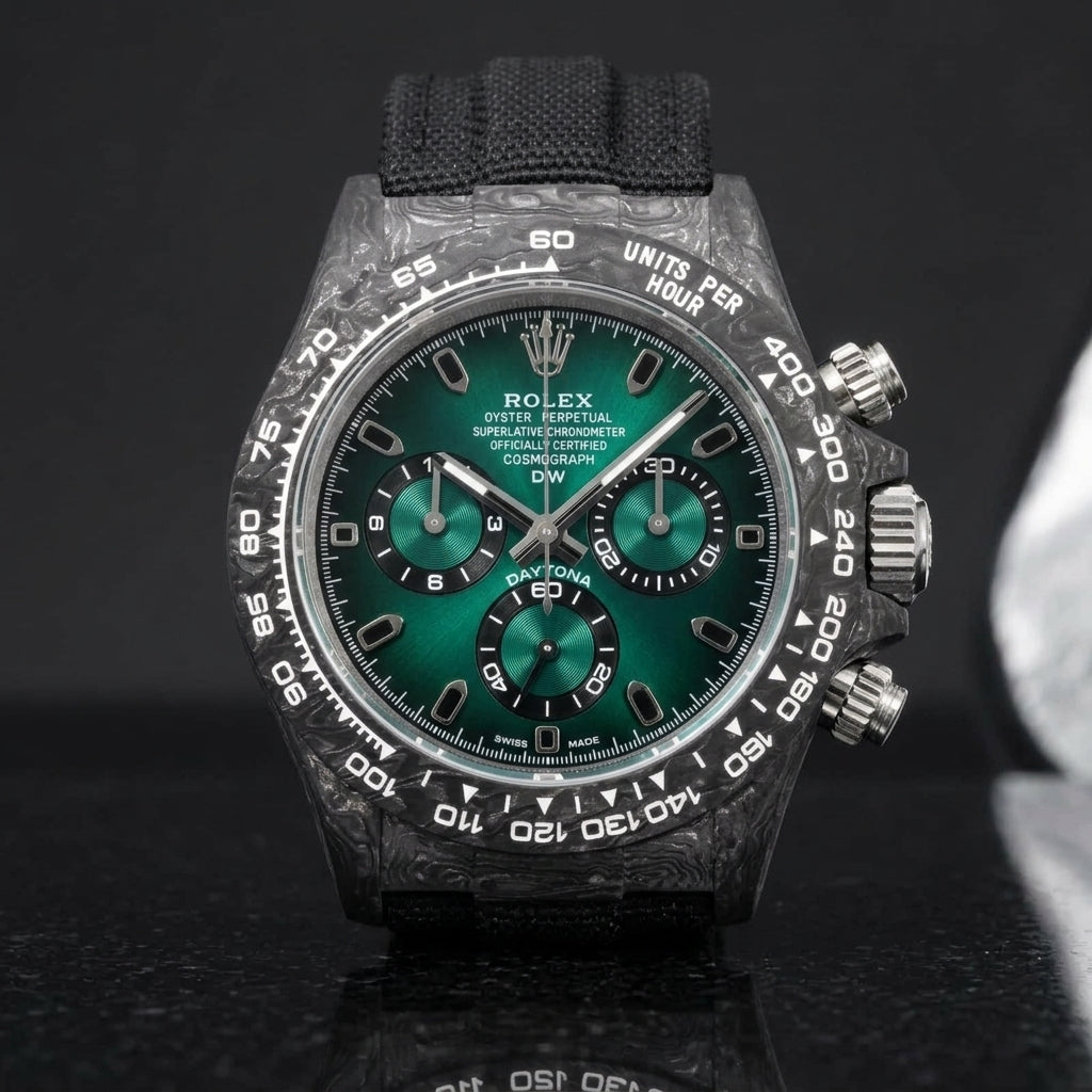 Forged-carbon chronograph on a black woven strap, worn under a cuff