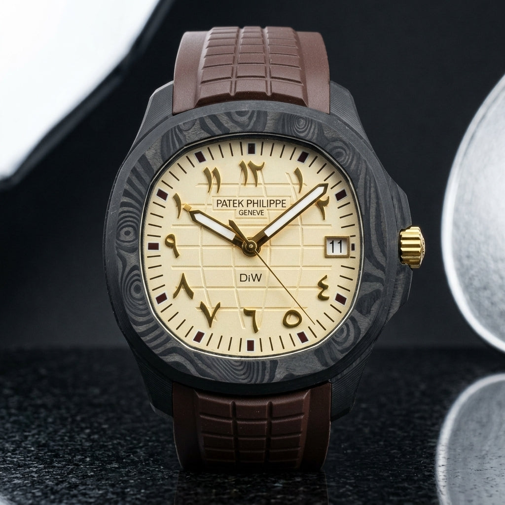 Black forged-carbon grid-dial watch with a cream dial, gold Eastern Arabic numerals and a gold crown, upright on polished black granite