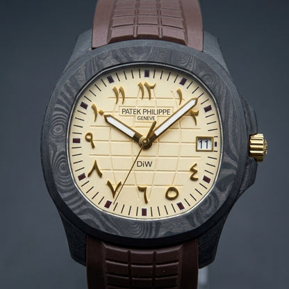 Macro of the cream globe-grid dial with raised gold Eastern Arabic numerals, burgundy hour markers outlined in white and gold hands