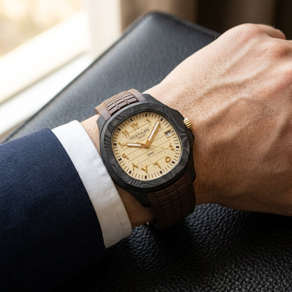 Black forged-carbon watch with a cream dial on a chocolate-brown rubber strap, worn on the wrist below a navy suit cuff