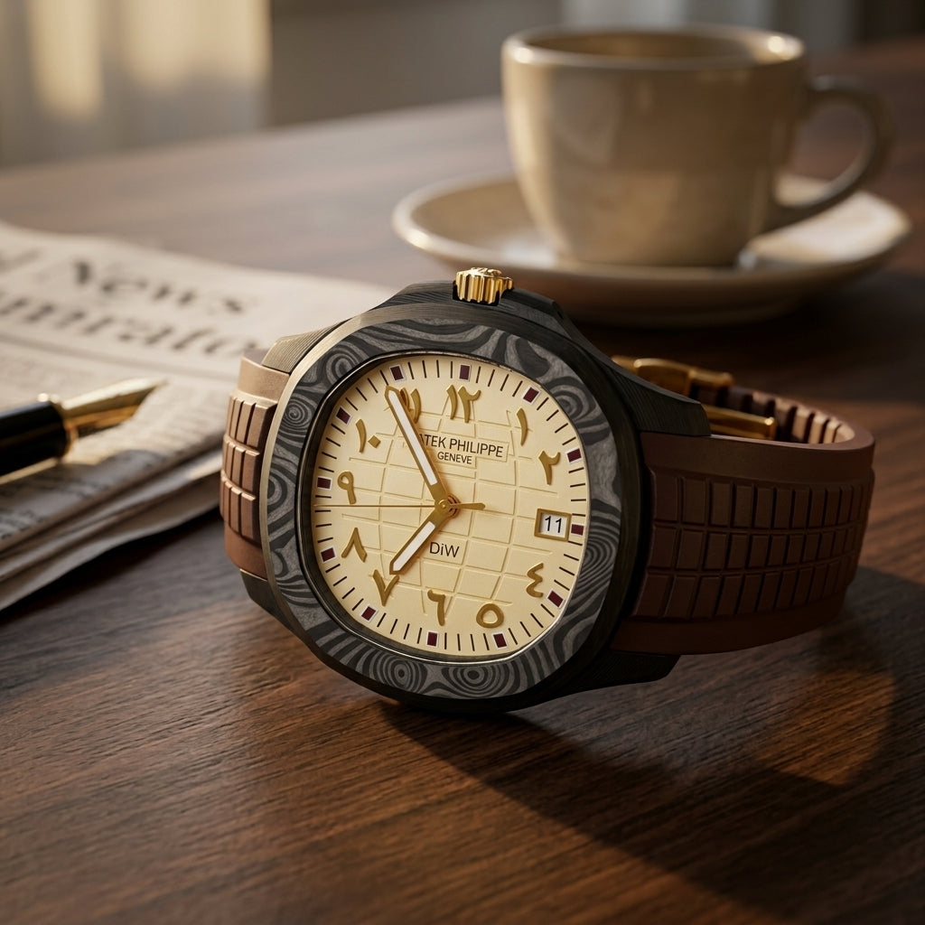 Forged-carbon grid-dial watch with a cream dial and gold Eastern Arabic numerals on a dark walnut desk beside a fountain pen