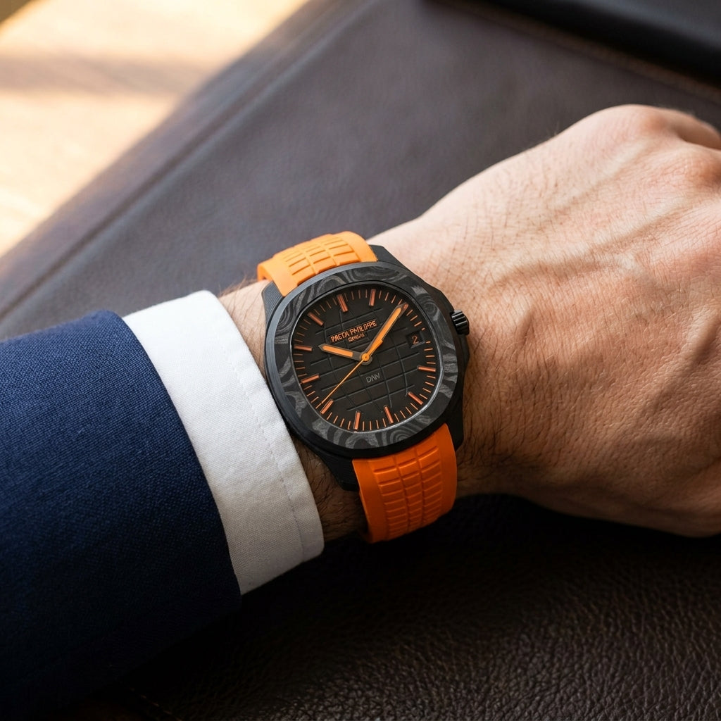 Black forged-carbon watch with an orange-on-black dial on a bright orange rubber strap, worn on the wrist below a navy suit cuff
