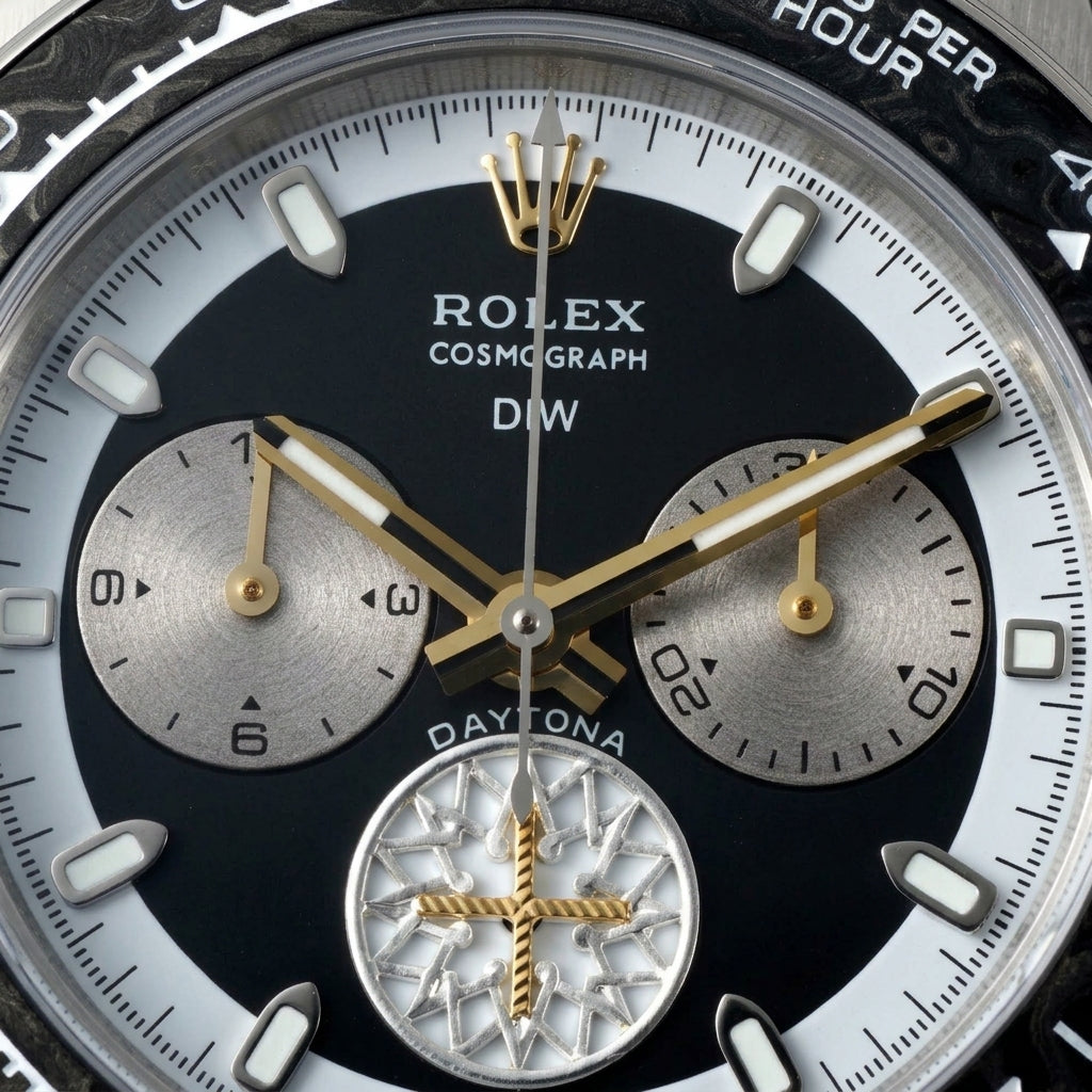 Macro of the gloss black dial, gold hands and the marbled carbon bezel