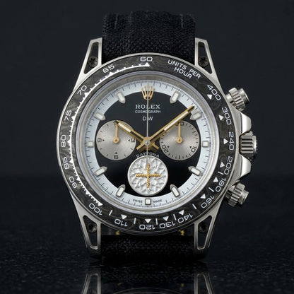 Forged carbon chronograph showing the hollow-cut lugs on black granite