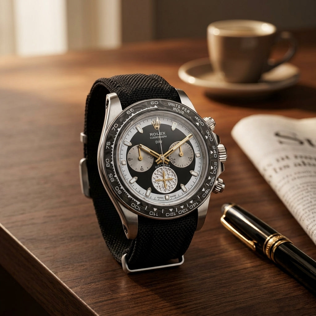 Forged carbon chronograph with hollow-cut lugs and gold hands on a dark walnut desk beside a fountain pen