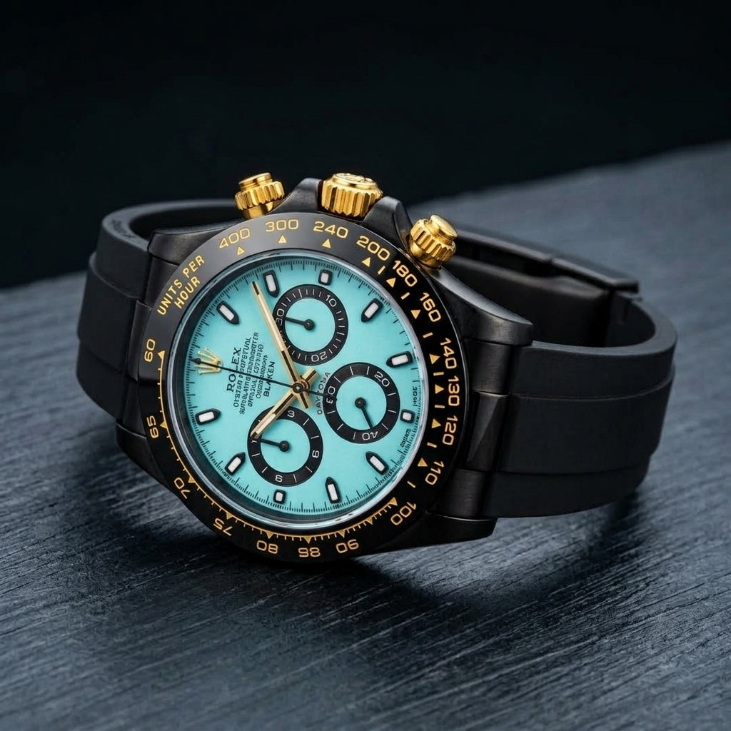 Black and gold ice-blue-dial chronograph at a three-quarter angle on dark slate