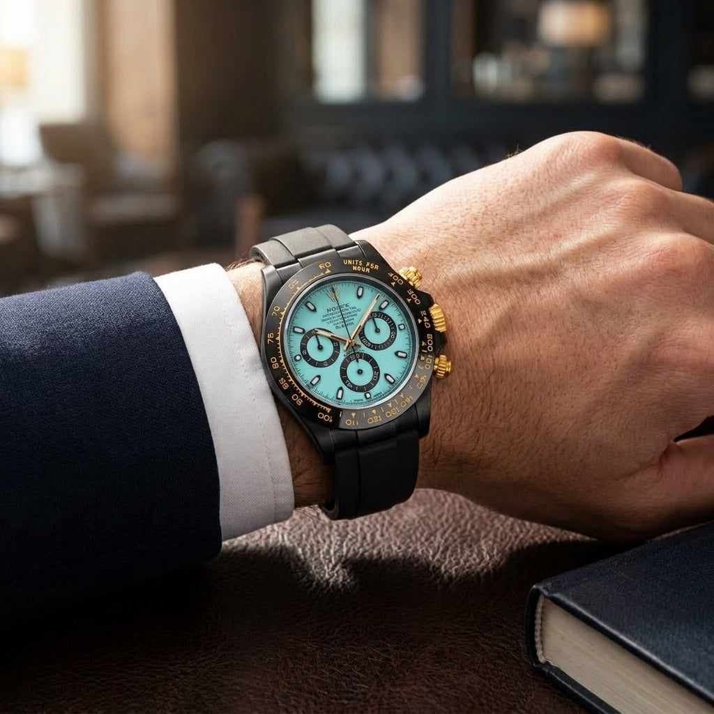 Black chronograph with an ice-blue dial worn under a navy suit cuff