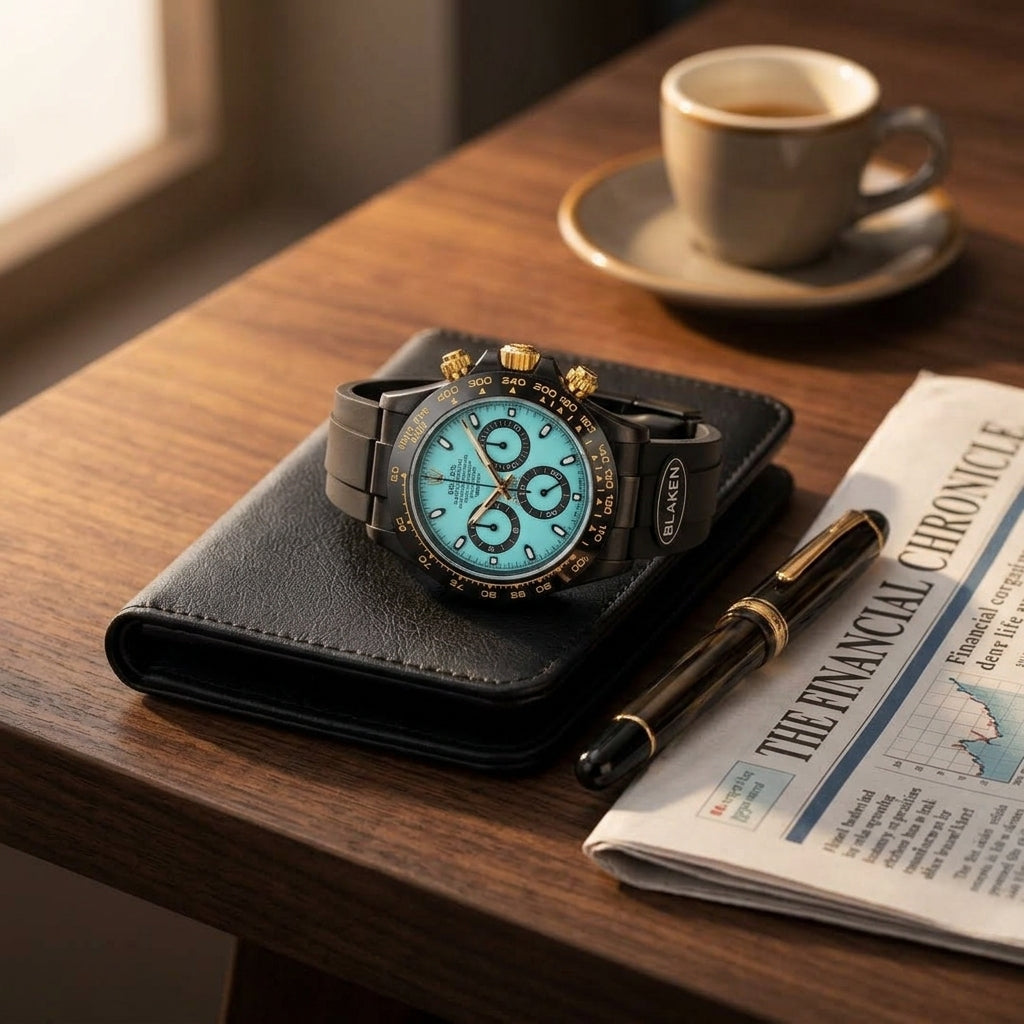 Black chronograph with an ice-blue dial resting on a dark walnut desk beside a fountain pen