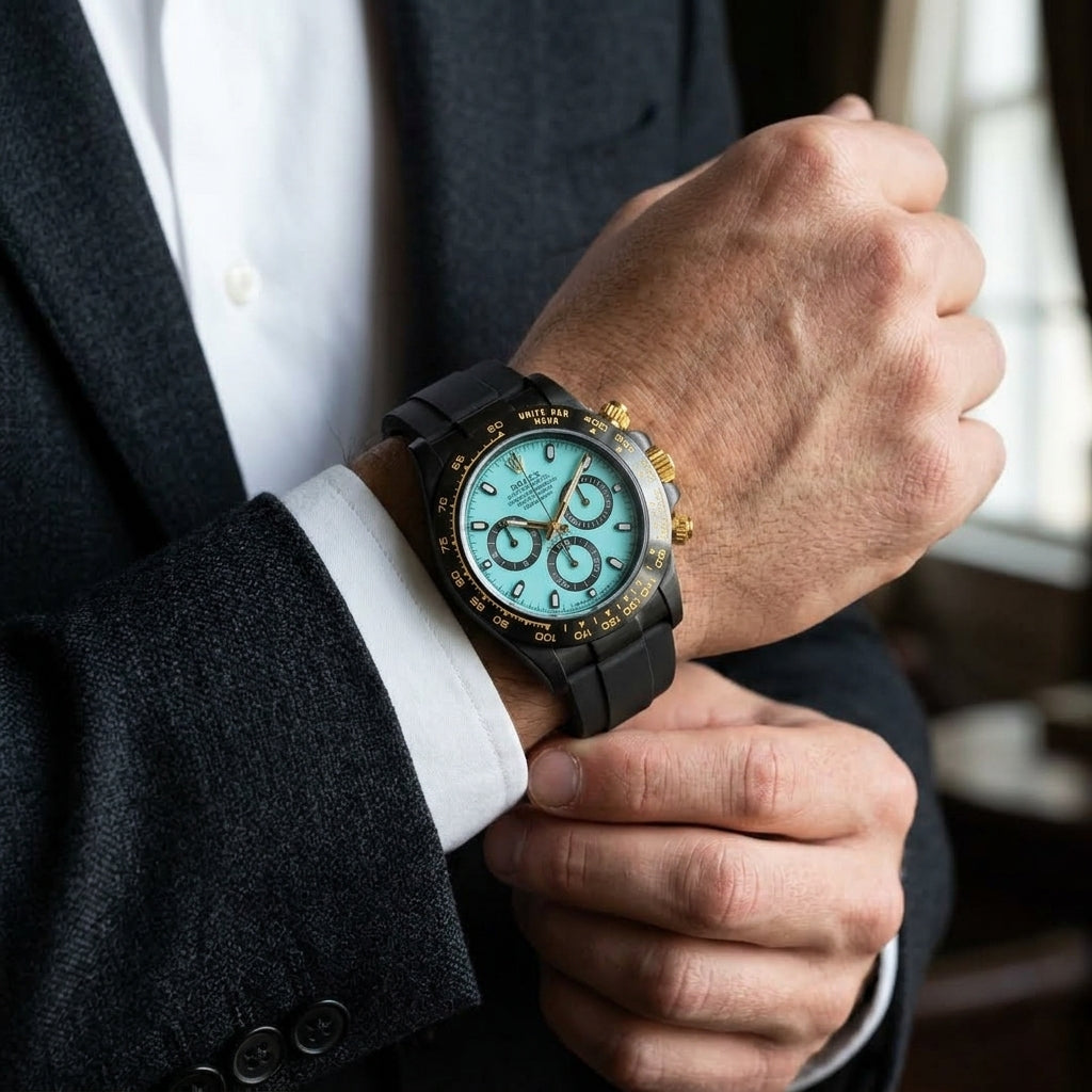 Black and gold ice-blue-dial chronograph on the wrist as a shirt cuff is fastened
