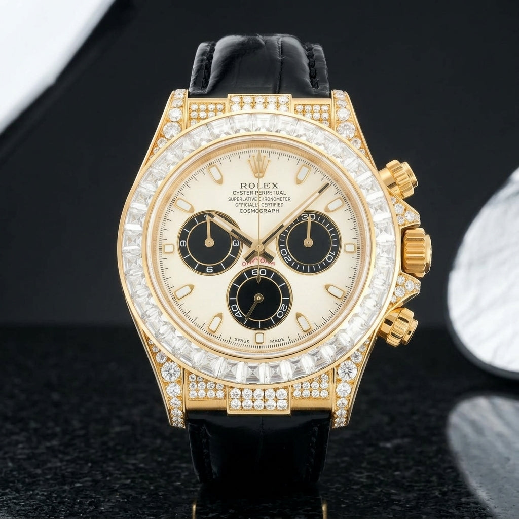 Yellow gold-wrapped chronograph with an ivory dial, three black counters and a clear moissanite baguette bezel standing upright on polished black granite