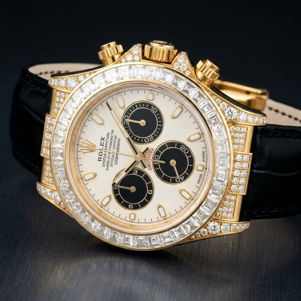 Gold chronograph with a clear baguette bezel and stone-set lugs at a three-quarter angle on dark slate, its black alligator strap curving away