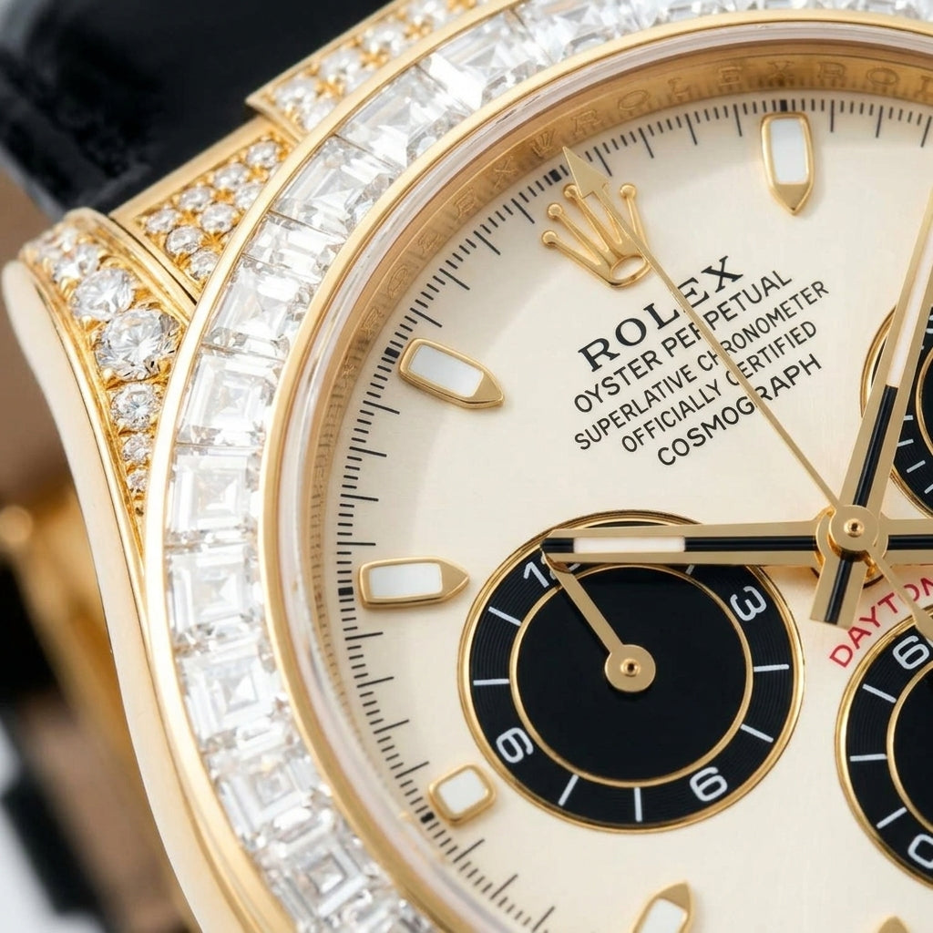 Macro of the ivory dial with three black counters in gold rings, gold baton markers and clear baguette stones at the edge