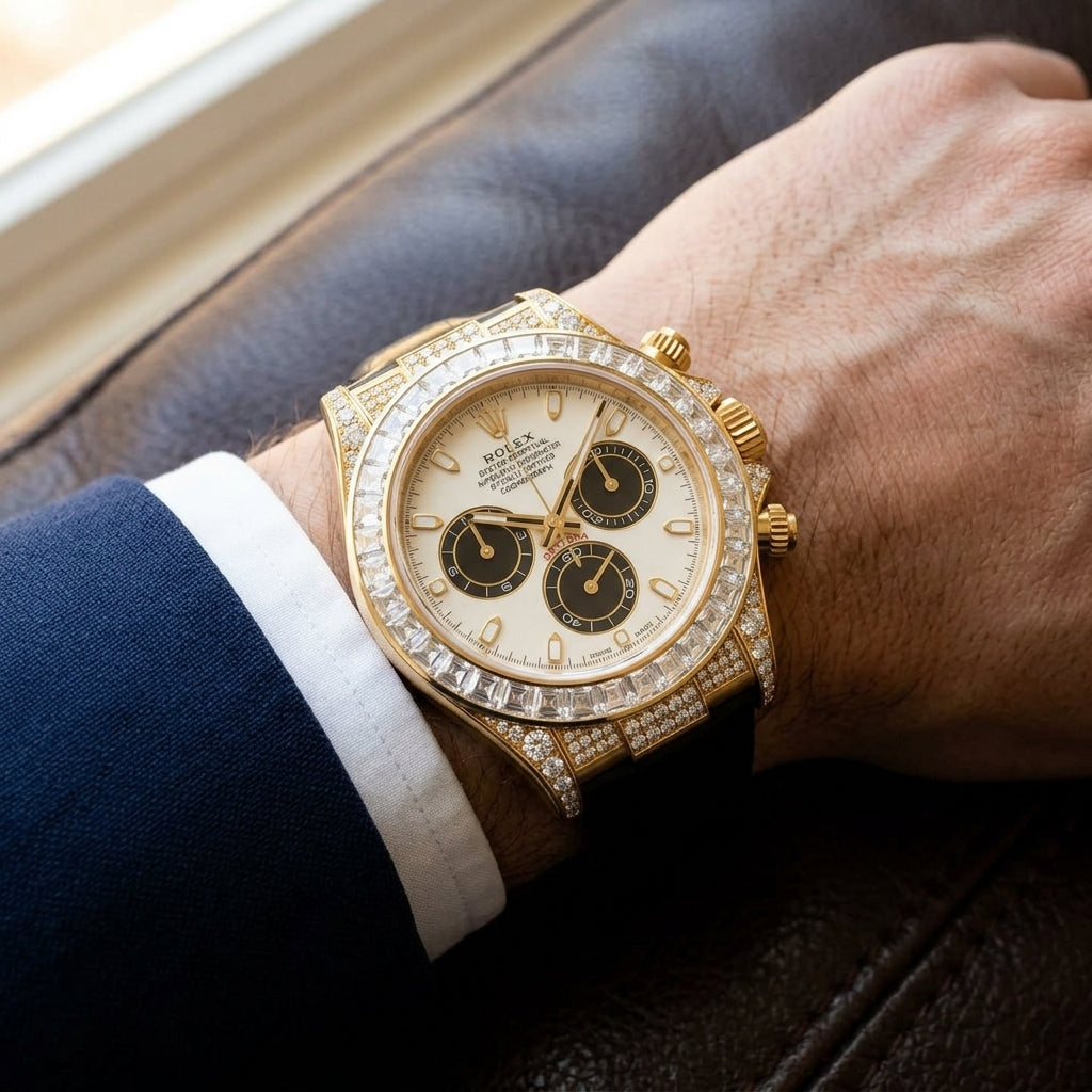 Gold chronograph with an ivory and black dial and a clear stone bezel on a black alligator strap, worn on the wrist below a navy suit cuff