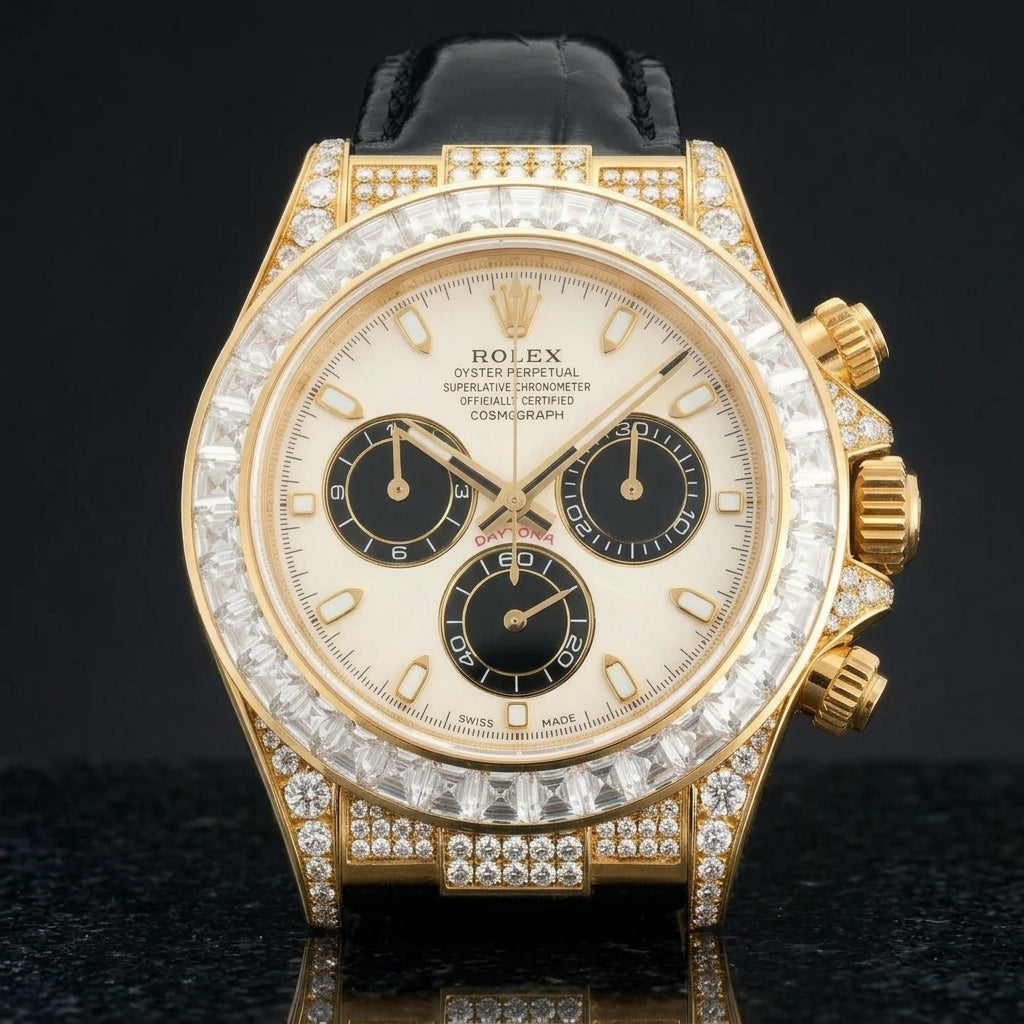 Gold chronograph with an ivory and black dial and a clear stone bezel on a black alligator strap, worn on the wrist below a navy suit cuff
